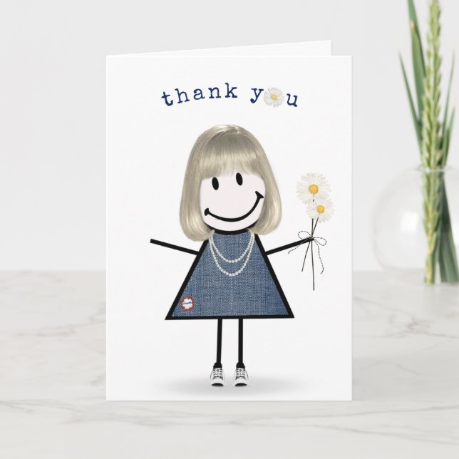 Carte Merci Stick Figure Girl avec marguerites (Devant)