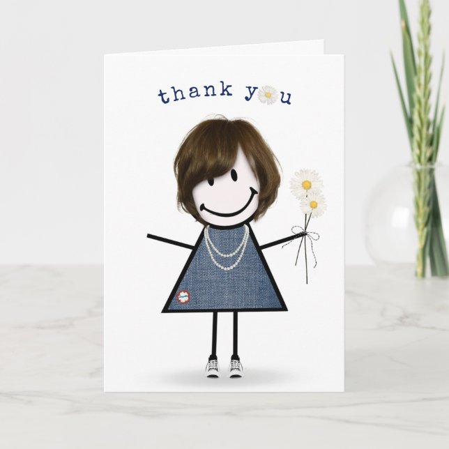 Carte Merci Stick Figure Girl avec marguerites (Devant)