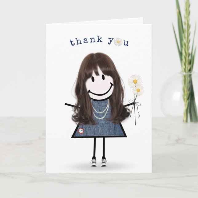 Carte Merci Stick Figure Girl avec marguerites (Devant)