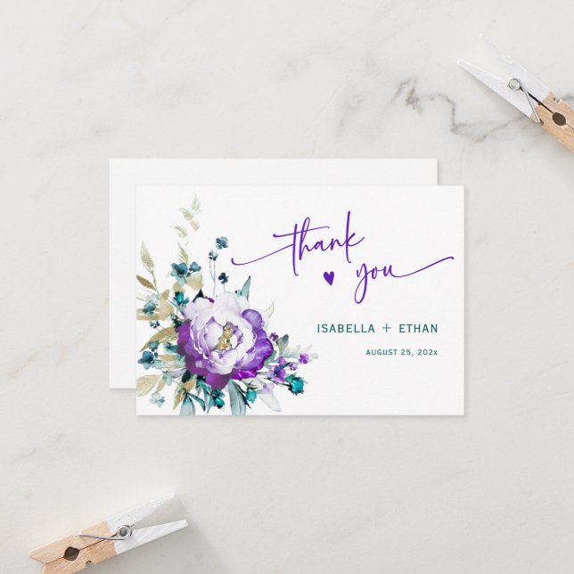 Carte Merci Turquoise Mariage  et violet (Devant/Arrière en situation)