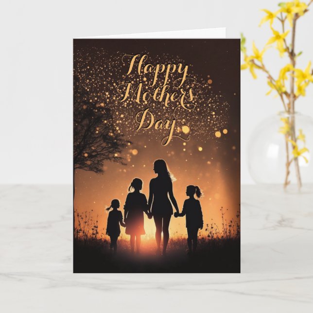 Carte Mère et 3 enfants au coucher du soleil, Fête des m (Fleur jaune)
