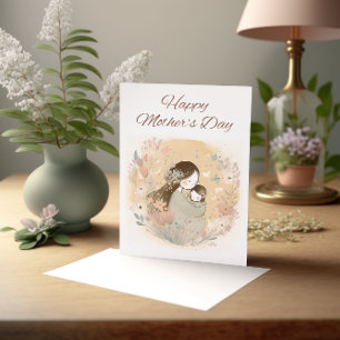 Carte Mère et enfant avec des fleurs d'aquarelle