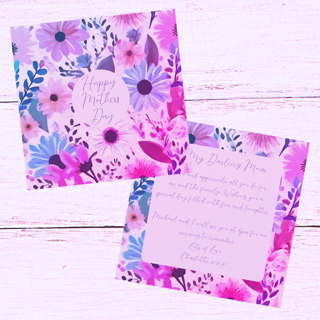 Carte mère Fleurs Rose, Bleu Et Violet (Front And Back)