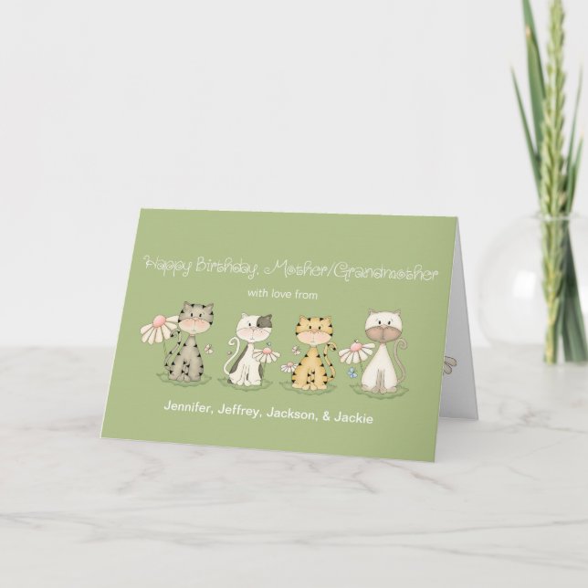 Carte Mère/Grand-mère Anniversaire 4 Chats - noms person (Devant)