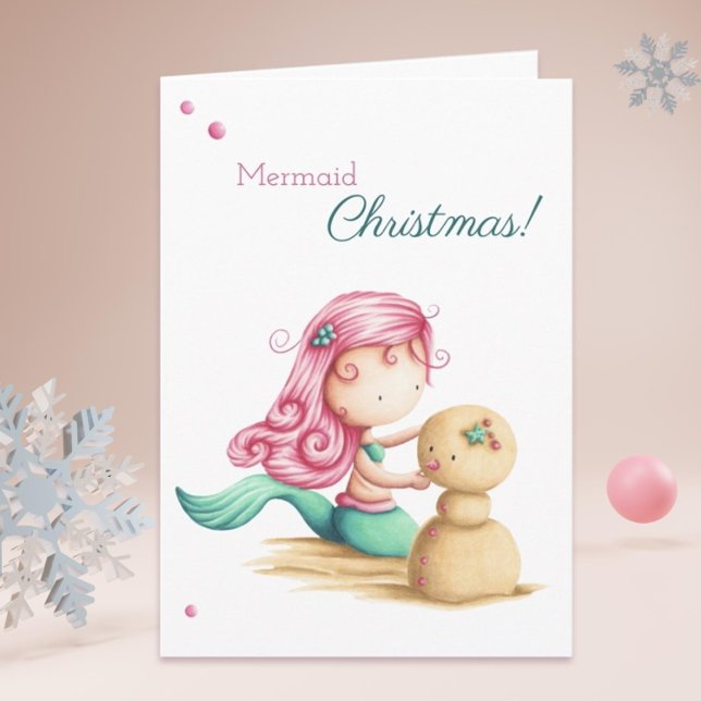 Carte Mermaid Christmas Summer Beach (Cute summer mermaid Christmas card by Kinda Cute by Patricia Alvarez)