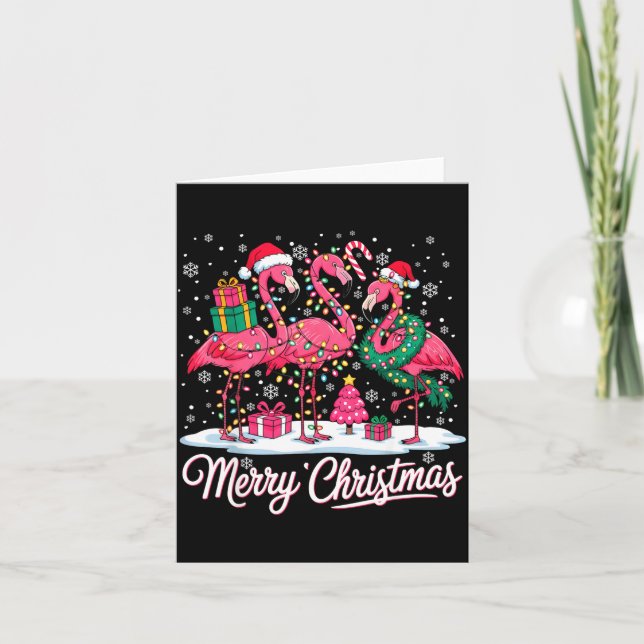 Carte Merry Christmas Flamingo Lights Santa Hat Snow Xma (Devant)