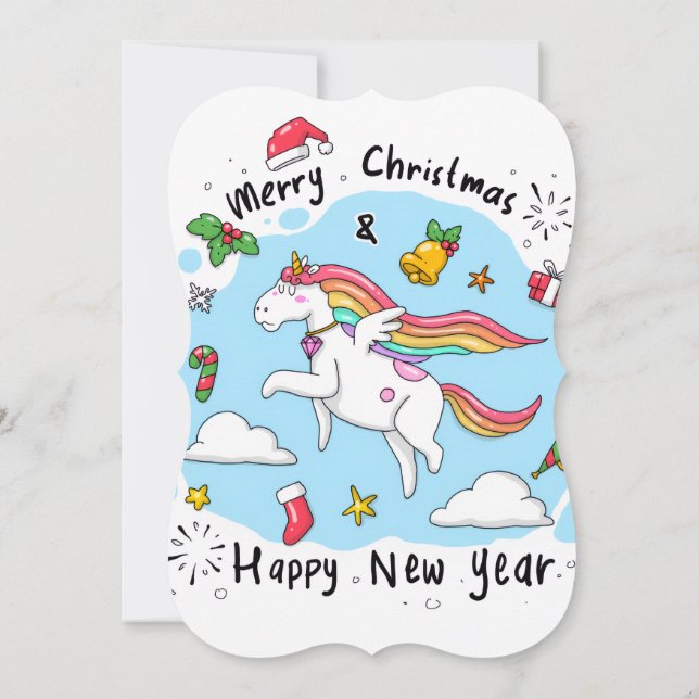 Carte Merry Christmas Flat Greeting Card Unicorn  (Dos)