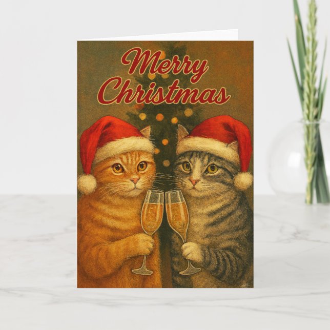 Carte Merry Christmas – Toasting Cats Under the Tree   (Devant)