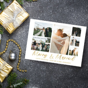Carte Merry & Married Gold 6 Multi Photo Holiday Card