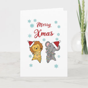 Carte Merry Xmas Lion Elfeant Snow Winter Cute