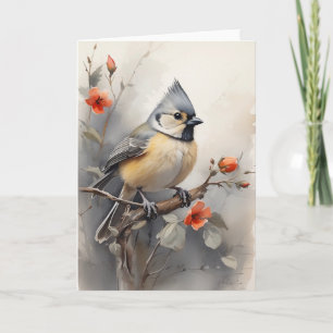 Carte Mésange à tête noire se reposant sur des fleurs ro