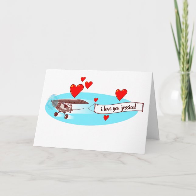 Carte message d'amour avec dessin animé de l'avion (Devant)