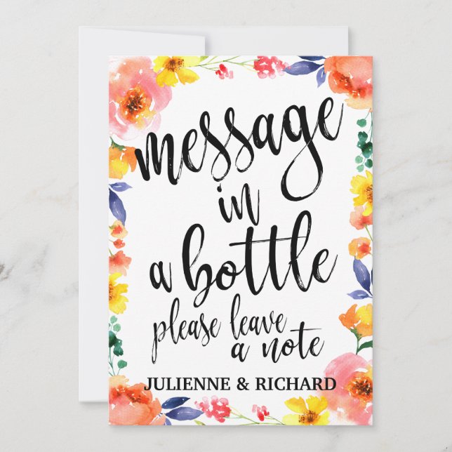 Carte Message dans une bouteille de Mariage floral abord (Devant)