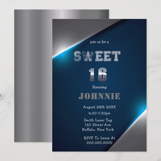Carte Metallic Blue et Silver Sweet 16 fête d'anniversai (Devant / Derrière)