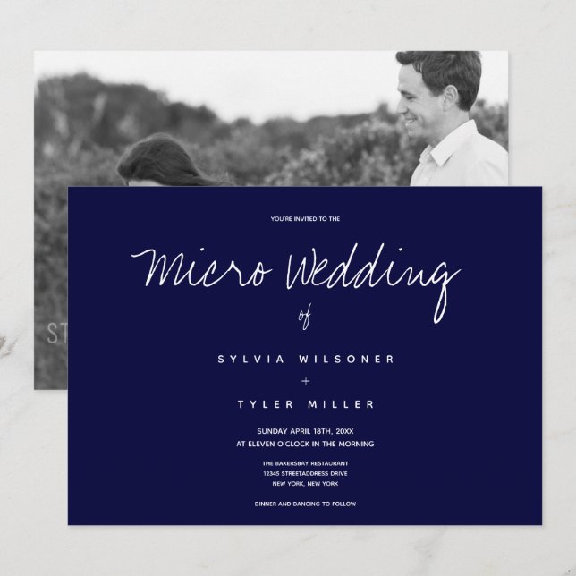 Carte Micro Mariage photo bleu foncé Mariage horizontal (Devant / Derrière)