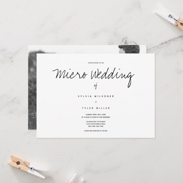 Carte Micro Mariage photo noir blanc horizontal (Devant/Arrière en situation)