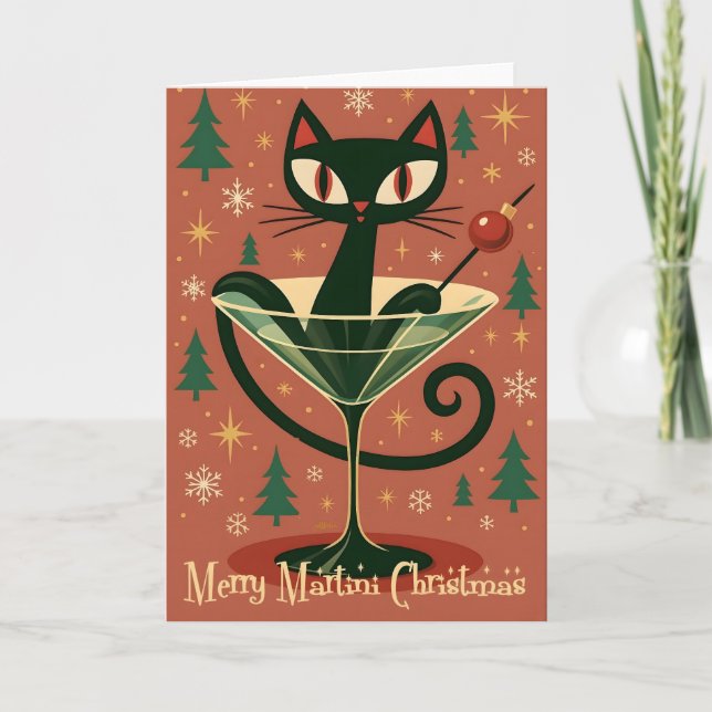 Carte Mid Century Black Cat Merry Martini Christmas (Devant)