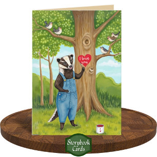 Carte Mignon Blaireau et Oiseaux au Cœur Peint Je t'aime