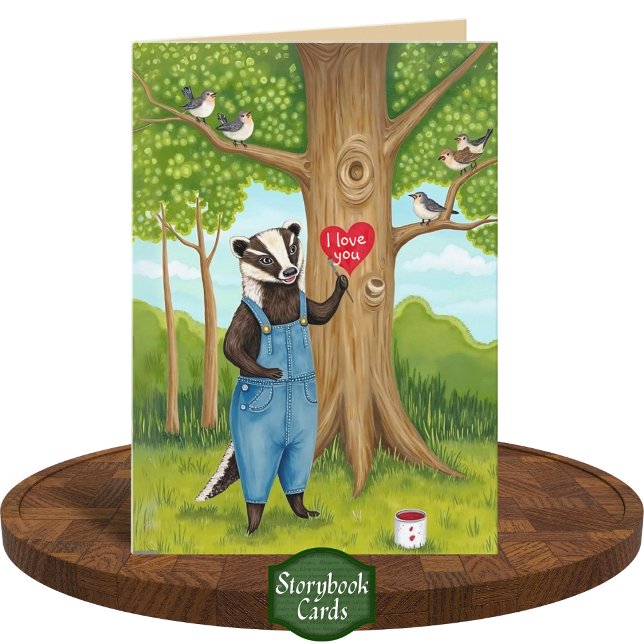 Carte Mignon Blaireau et Oiseaux au Cœur Peint Je t'aime (Créateur téléchargé)