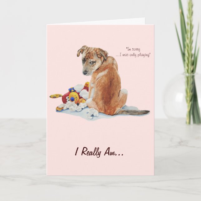 Carte mignon chien chiot brun et peluche désolé (Devant)