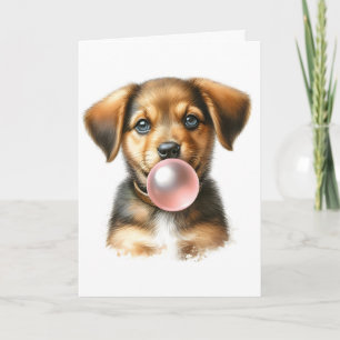 Carte Mignon chiot brun soufflant du bubble gum vierge