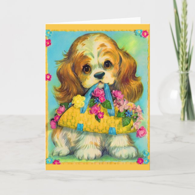 Carte mignon chiot tenant panier de fleurs (Devant)