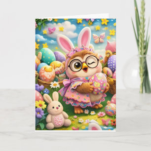 Carte Mignon lapin chouette pastel joyeux anniversaire d