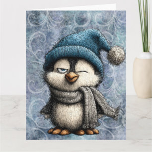Carte Mignon manchot bleu d'hiver avec chapeau et écharp
