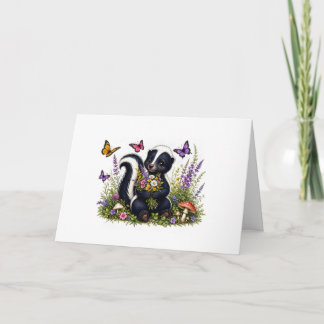 Carte Mignon mouffette avec des fleurs et des papillons