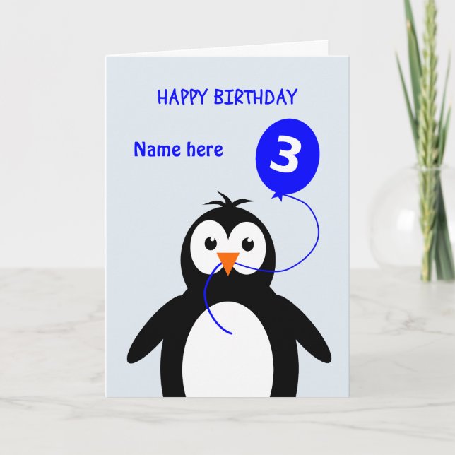 Carte mignon pingouin 3ème anniversaire ajouter nom bleu (Devant)
