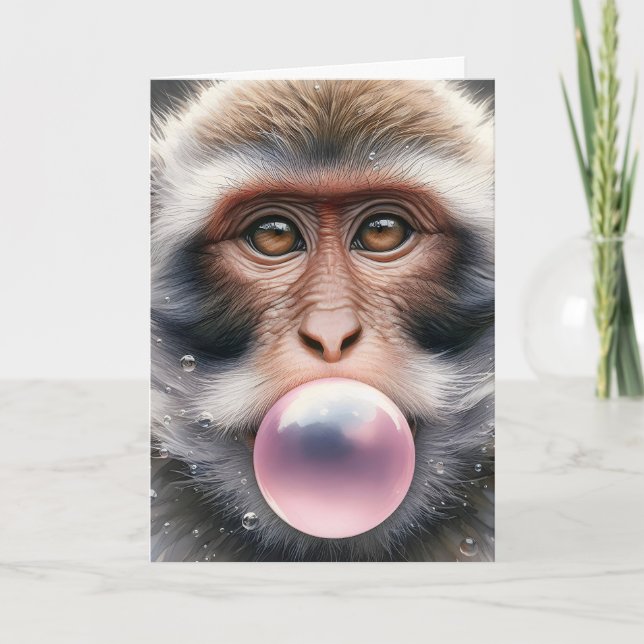 Carte Mignon singe qui souffle des bulles de chewing-gum (Devant)