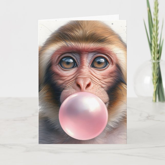 Carte Mignon singe soufflant des bulles de chewing-gum v (Devant)