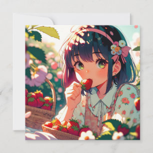 Carte Mignonne Anime Girl Mange des fraises   Jour d'été