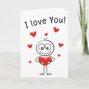 Carte Mignonne avec Personnage Bâton et Cœurs "Je 