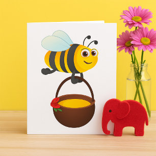 Carte Mignonne Bee transportant un pot de miel avec fleu