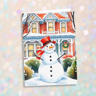 Carte Mignonne bonhomme de neige en banlieue Noël