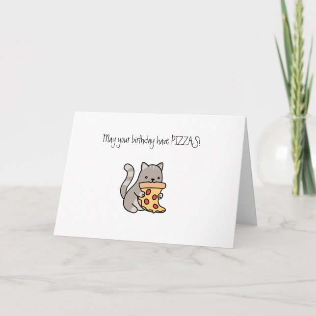 Carte mignonne chat manger pizza heureux anniversaire dr (Devant)