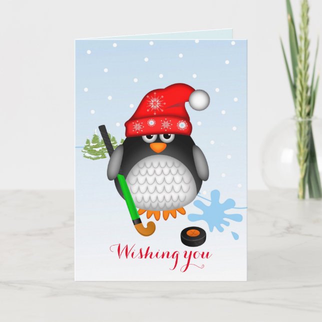 Carte mignonne de pingouin d'hockey de Noël et de (Devant)