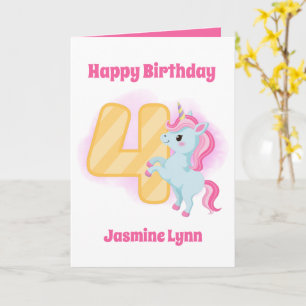 Carte mignonne filles 4th Birthday unicorne ajouter nom 