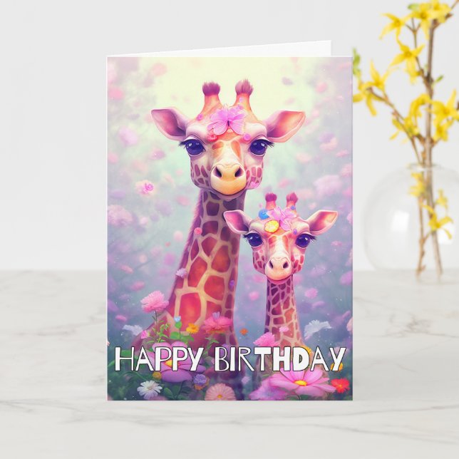 Carte Mignonne Giraffe Mère & Fille | Joyeux anniversair (Fleur jaune)