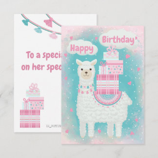 Carte Mignonne lama rose et turquoise avec cadeaux