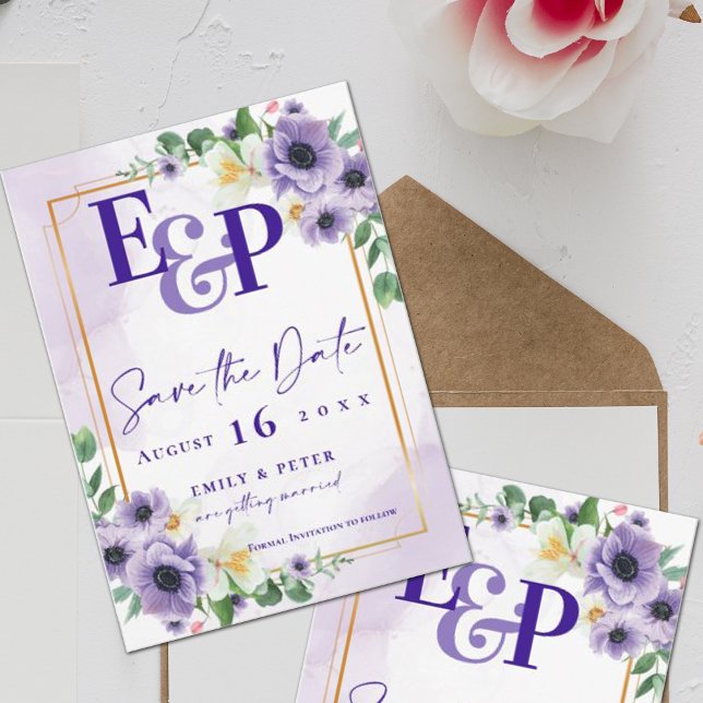 Carte Mignonne Monogramme Purple Floral Mariage Enregist (Créateur téléchargé)