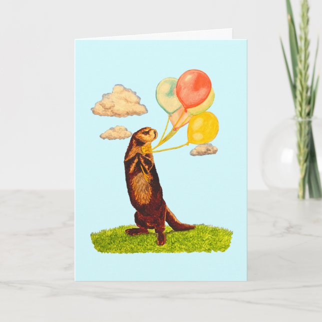 Carte Mignonne Otter avec ballons Illustré Anniversaire (Devant)