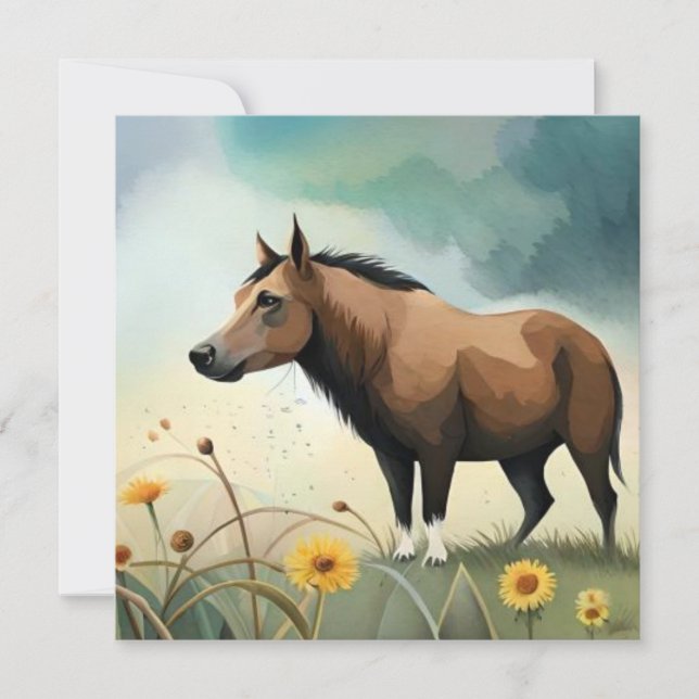 Carte Mignonne poney brun dans le champ floral (Devant)