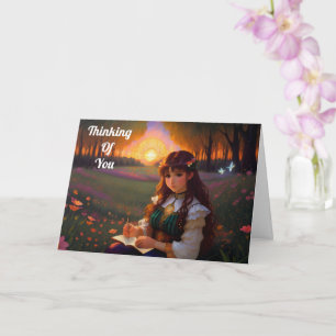 Carte Mignonne Sad Anime Style Femme dans le pré au couc
