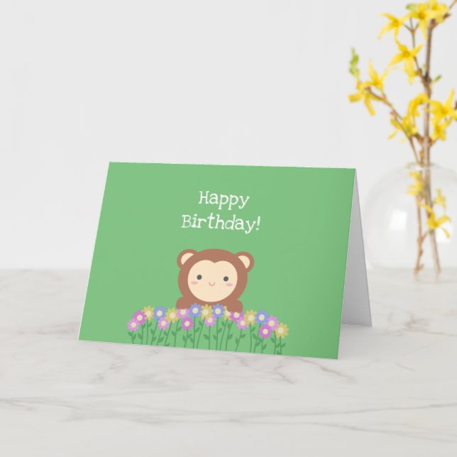 Carte Mignonne singe et fleurs Sage Green Joyeux anniver (Fleur jaune)