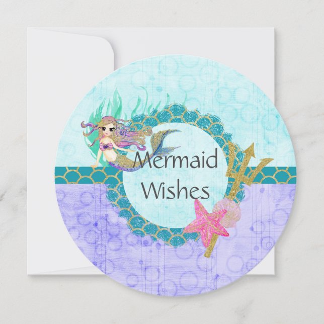 Carte Mignonne sirène d'anniversaire Turquoise & mauve s (Devant)