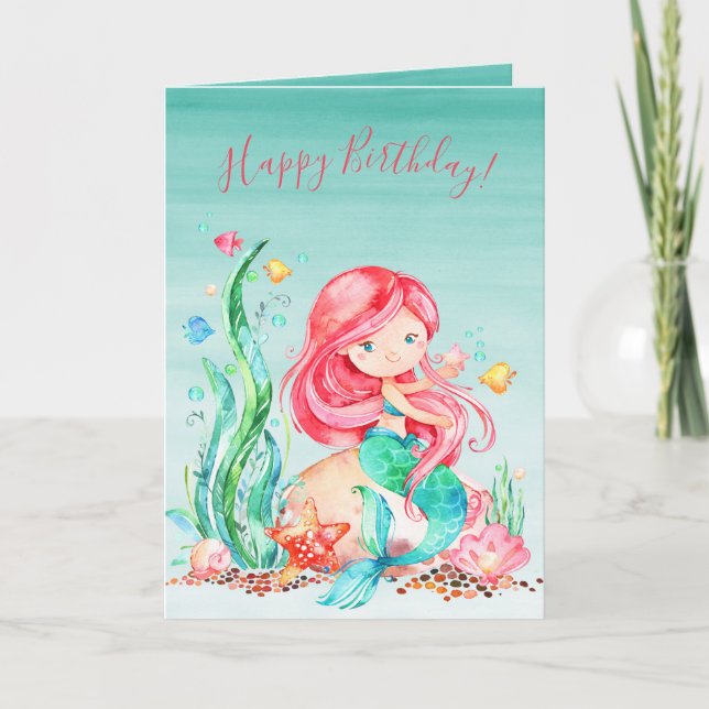 Carte Mignonne sirène d'aquarelle sous la mer Voiture d' (Devant)