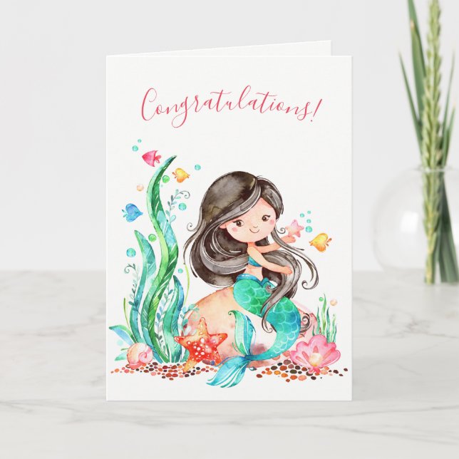 Carte Mignonne sirène d'aquarelle sous le Baby shower ma (Devant)