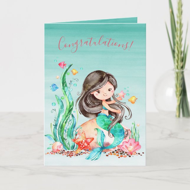 Carte Mignonne sirène d'aquarelle sous le Baby shower ma (Devant)